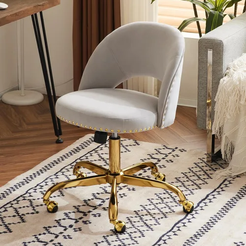 Vista 12 de VINGLI Silla de Oficina Pequeña de Terciopelo Moderna, Linda Silla de Escritorio con Ruedas, Base/Tachuelas Doradas, Cómoda Silla Giratoria sin