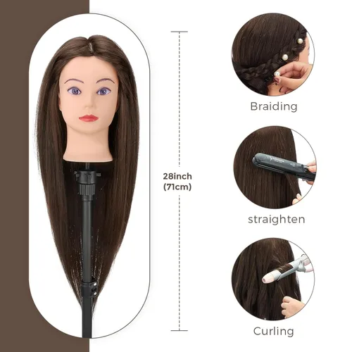 Vista 8 de Cabeza de maniquí de 28 pulgadas con 80% cabello real, cabeza de muñeca de práctica de maniquí de cosmetología, cabeza de trenzado con soporte