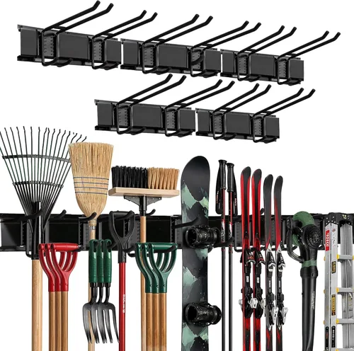 Vista 11 de TIDYME Organizador de pared de garaje Estante de almacenamiento de herramientas resistente de 48 pulgadas Ganchos ajustables de doble capa