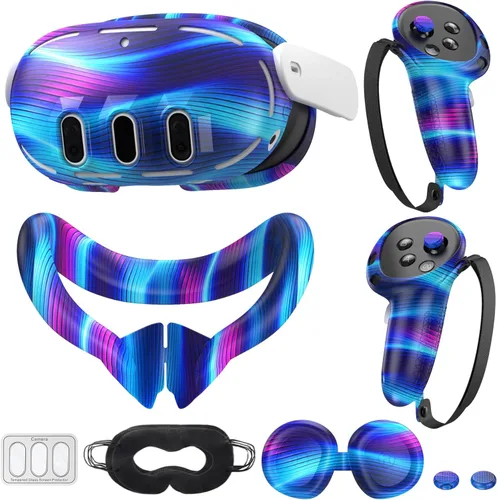 Silicone Cover Set Compatible with MetaOculus Quest 3, VR Silicone Face Cover, VR Shell Cover,Touch Controller Grip Cover,Camera Lens Protector Set