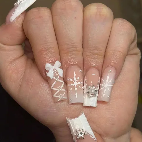 Vista 12 de Uñas postizas a presión con punta francesa, cuadradas, largas, medianas, con lazo 3D, diseños de línea de copo de nieve, uñas de invierno, uñas a