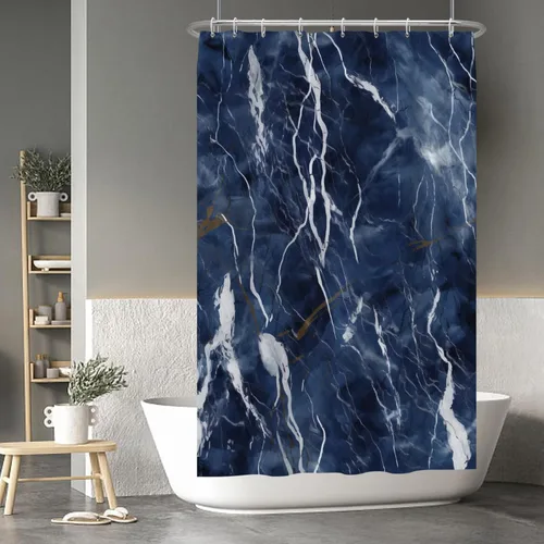 Vista 206 de Baocicco Cortina de ducha de mármol azul abstracto a rayas, decorativa, textura de lujo, línea moderna, decoración de acuarela, juego de cortinas