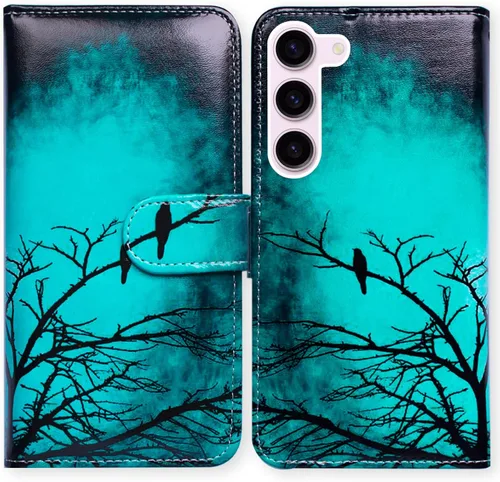 Bcov Funda para Samsung S23, diseño de pájaro negro y verde con tapa para teléfono con ranura para tarjeta y soporte para Samsung Galaxy S23