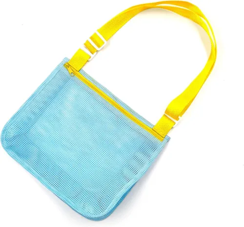 Vista 16 de UTTPLL Bolsa de playa de malla colorida ajustable para niños, bolsa de red de secado rápido para conchas marinas que recolecta arena juguete 01