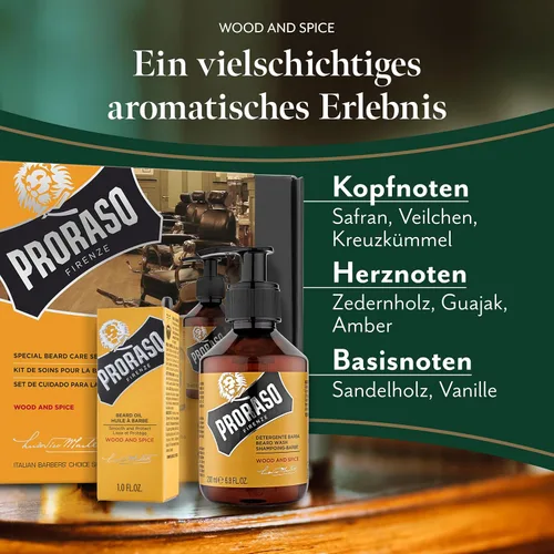 Vista 3 de Proraso Wood and Spice Beard Care Duo Kit – Lavado de barba y aceite con aroma cálido y amaderado para barbas largas o completas – Set de regalo