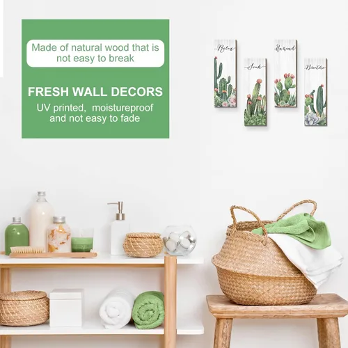 Vista 6 de 4 piezas de letrero de cactus para decoración de pared de baño, relajarse, relajarse, relajarse, respirar, palabras, decoración de pared de cactus