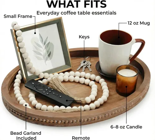 Vista 4 de Bandeja decorativa de madera ovalada de 16 x 11.8 pulgadas con guirnalda de cuentas de 58 pulgadas, mesa de centro de granja y decoración de isla