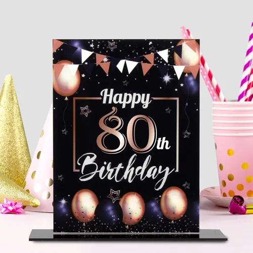 Vista 283 de LINGTEER Decoración de cumpleaños, soporte para globos, centros de mesa de acrílico, póster impreso de feliz 50 cumpleaños, centros de mesa de Negro