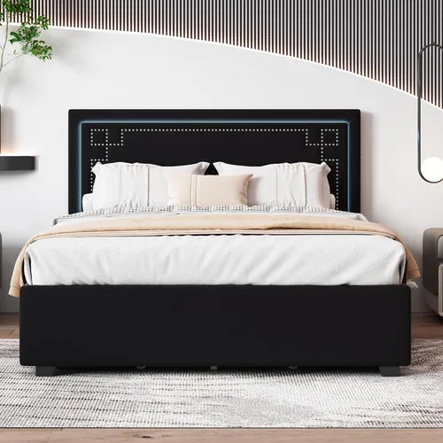 Vista 91 de Elegante cama con plataforma tapizada de terciopelo de tamaño Queen con cabecero, para niños, niñas y adolescentes (beige @cabecero/, Queen)