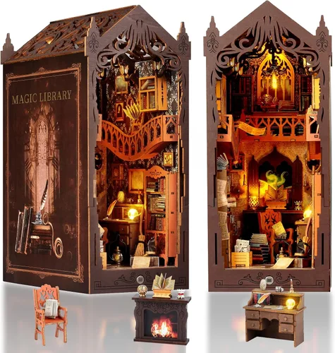 Kit de rincón de libros de bricolaje: estante de rompecabezas de madera 3D con luz LED, decoración de sujetalibros en miniatura para adultos y