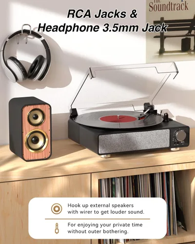 Vista 3 de MONODEAL - Tocadiscos de vinilo con altavoces, tocadiscos de 3 velocidades para discos de vinilo con transmisor Bluetooth, parada automática, salida