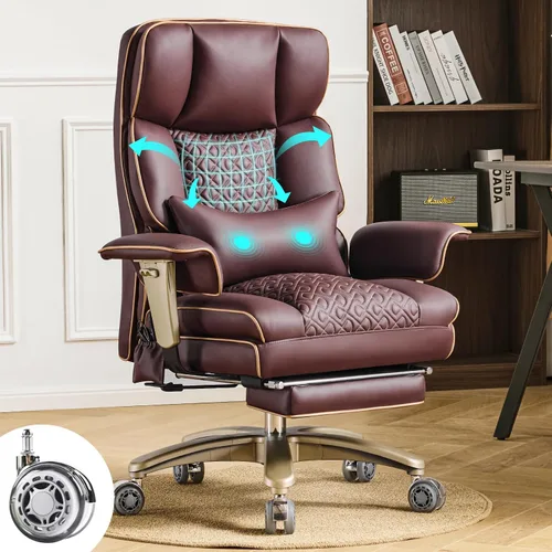 Vista 11 de Silla de Oficina de Cuero con Reposapiés, Silla de Oficina Ejecutiva de Respaldo Alto con Soporte Lumbar Ajustable, Silla de Escritorio de Lujo