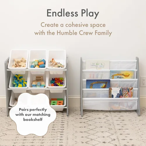 Vista 9 de Humble Crew Organizador de juguetes de 9 compartimientos: Inspire gris con cubos de plástico blancos, solución de almacenamiento de 3 niveles