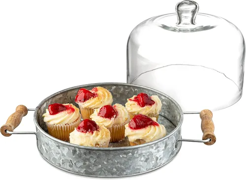 Vista 2 de Royalty Art Plato rústico para pastel con cúpula de cristal, plato rústico para cocina y comedor con asas de transporte, base de acero galvanizado