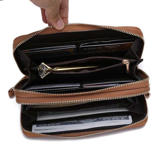 Vista 5 de MKF Collection Cartera de pulsera para mujer, bolso pequeño de piel sintética Cartera con doble cremallera, bolsa de mano con múltiples bolsillos