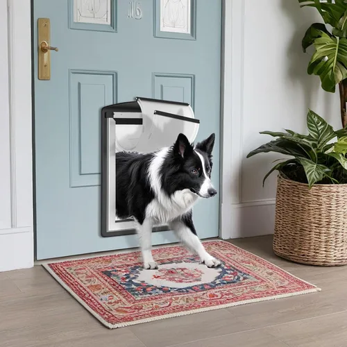 Vista 2 de MAVRICFLEX Puerta Grande para Perro para Puerta - Marco Todo de Acero Inoxidable, Dobles Solapas Suaves Resistente al Clima, 2 Paneles Deslizantes