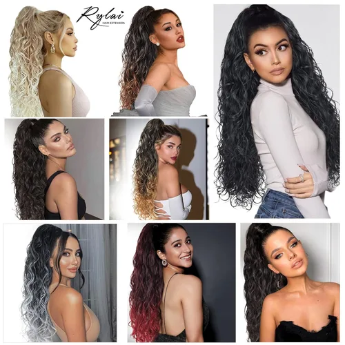 Vista 7 de Extensiones de cabello ombré 1B/27, cola de caballo para mujeres negras, extensiones de cola de caballo largas onduladas con cordón, extensiones