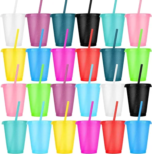 Vista 9 de 24 vasos de plástico con tapas y pajitas, vasos reutilizables con tapas, vasos coloridos de plástico para fiestas de cumpleaños, taza de café