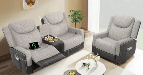 Dresegmt Juego de sofá reclinable manual de dos plazas, sofá reclinable de 2 plazas con consola de almacenamiento y silla reclinable individual