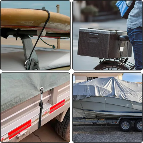 Vista 3 de Cuerdas elásticas de mosquetón de 24 pulgadas resistentes para exteriores, cuerdas elásticas de 1/3 pulgadas de grosor con ganchos para camping