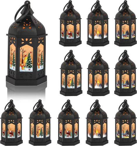 LLQ 12 mini linternas de decoración de Navidad con patrón de Navidad y velas LED parpadeantes, centros de mesa de Navidad vintage, linterna negra