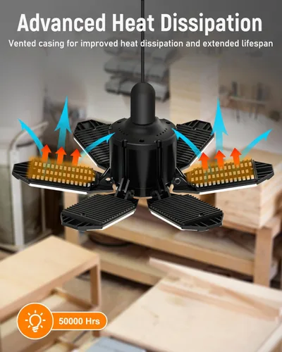 Vista 6 de Adiding - Luz LED de garaje giratoria, iluminación brillante de techo de tienda de sótano, accesorio de bahía con 6 paneles ajustables, base