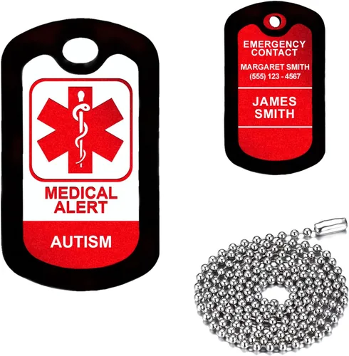 Vista 22 de Alerta médica morada, Alzheimer, etiqueta de identificación médica de aluminio personalizada con collar de acero inoxidable de 24 pulgadas