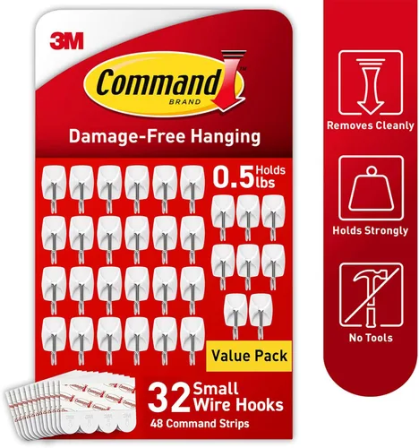 Vista 3 de Command Ganchos de palanca de alambre pequeños, 32 unidades y 48 tiras, ganchos de pared colgantes sin daños con tiras adhesivas, no requiere