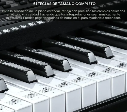 Vista 3 de Teclado de piano electrónico portátil de 61 teclas con teclas iluminadas de tamaño completo, LCD, auriculares, soporte en X, taburete, atril