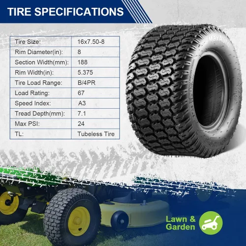 Vista 3 de MaxAuto 16x7.50-8 16x7.5x8 Neumático para cortacésped Turf Saver 4 capas, juego de 2