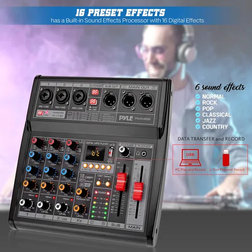 Vista 6 de Pyle Mezclador profesional de audio DJ - Controlador de 3 canales con 16 efectos DSP preestablecidos - Interfaz USB - 3 entradas de micrófono/línea