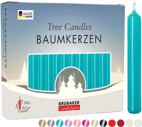 BRUBAKER Velas de árbol – Paquete de 20 – Turquesa – 3¾ x ½ pulgadas – Hecho en Europa – Velas de cera de Navidad para pirámides, carruseles y