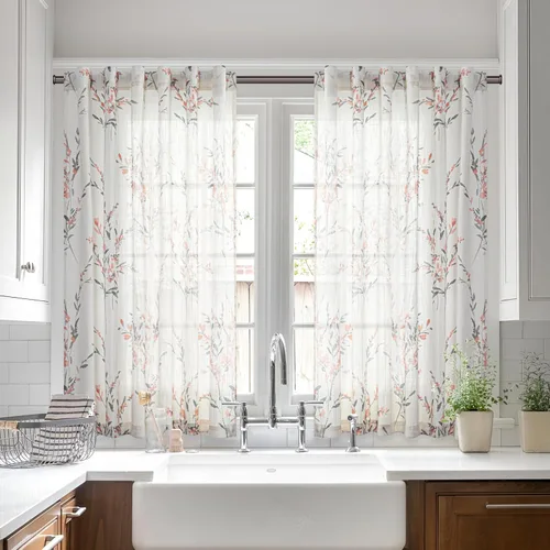 Vista 33 de MYSKY HOME Cortinas de cocina florales de lino de 36 pulgadas de largo, juego de 2 paneles sobre el fregadero, cortinas de media ventana