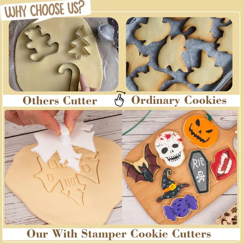 Vista 2 de Flycalf Cortadores de galletas de Halloween, formas de sombrero de bruja con sellos de émbolo, accesorios de horneado de ácido poliláctico