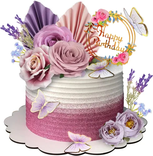 Vista 8 de 17 PCS Adornos para Tartas de Flores Estilo Boho Decoraciones de Pastel de Mariposa con Rosas Artificiales Claras Eucalipto para Suministros de Boda