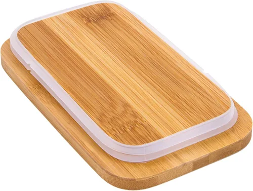 Vista 9 de Mantequillera con tapa y cuchillo, recipiente de cerámica para mantequilla con tapa de bambú para encimera, platos de mantequilla más grandes