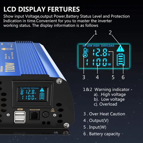 Vista 2 de Inversor de potencia 1100 vatios 12V DC a 110V 120V AC, inversor de 1000 W con pantalla LCD, control remoto, 2 tomas de CA, puertos USB duales