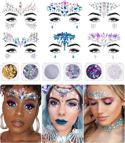 iMethod Joyas faciales y purpurina corporal – Gemas faciales, joyas de cara de sirena para pegar, purpurina cosmética holográfica, para disfraces de
