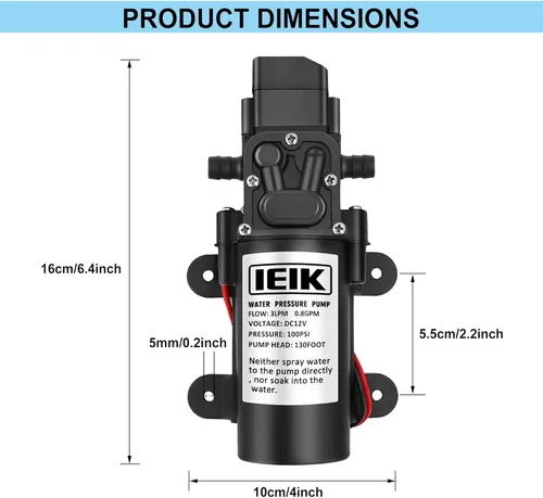 Vista 5 de Bomba de diafragma de 12 voltios, 3LPM 0.8 GPM 100PSI, bomba de rociador autocebante de 12 V CC, interruptor de presión de agua para autocaravana