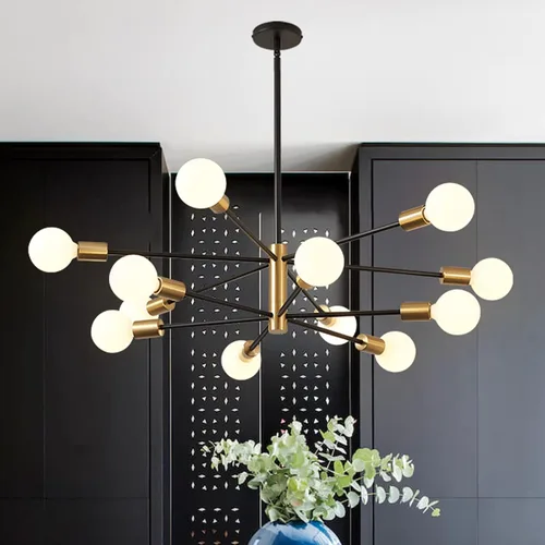 Vista 22 de RUIYEY Lámpara Sputnik Moderna, Lámpara de Techo Semiempotrada Negra y Dorada, Candelabros de Mediados de Siglo para Dormitorio, Comedor, Isla