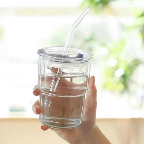 Vista 6 de Vaso de vidrio con tapa y pajita, vaso de jugo de vidrio de 13.5 fl oz, reutilizable, vaso de café helado para el hogar y los viajes