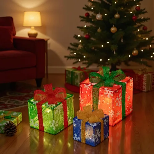 Vista 3 de Decoraciones navideñas para interiores, 3 cajas de regalo LED iluminadas, cajas visuales para el hogar, tienda, escuela, oficina, bar, 6, 8 y 10