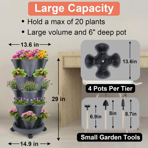 Vista 5 de GameXcel Maceta vertical – Macetas apilables de 5 niveles con ruedas y herramientas, macetas para plantas de fresa, hierbas, flores y verduras, uso