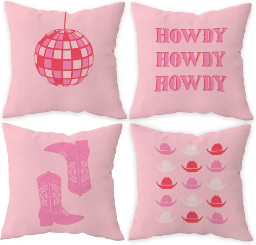 Juego de 4 fundas de almohada decorativas de 18 x 18 pulgadas, color rosa intenso, con diseño de vaquera occidental, diseño de bola de discoteca