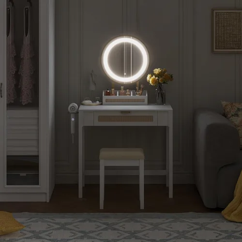 Vista 7 de Spirich - Tocador de maquillaje con espejo y luces, tocador de ratán blanco con cajones, 3 modos de iluminación, tocador pequeño para dormitorio