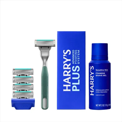 Vista 13 de Harry's Kit de afeitado Plus para hombres, mango premium, 5 cartuchos de hoja de afeitar, gel de afeitado espumoso y cubierta de hoja de viaje