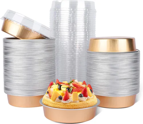 Vista 53 de Beasea Paquete de 20 Moldes para Cheesecake con Tapas, 8 Oz, 4 Pulgadas Moldes Redondos de Papel de Aluminio para Tartas, Contenedor para Muffins