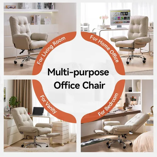 Vista 9 de Silla de oficina EMIAH con reposapiés, silla de cruce con ruedas y brazos abatibles, silla de escritorio reclinable, silla de computadora de cuero