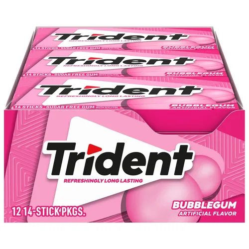 12 paquetes de 14 unidades cada uno; es decir, en total son 168 unidades de goma de mascar Trident Bubblegum sin azúcar sabor chicle. Accesorios de