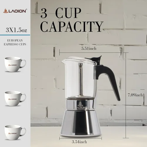 Vista 2 de LAOION Cafetera de café expreso, 3 tazas de 5.4 fl oz, cafetera de cristal y acero inoxidable, cafetera moca, cafetera Greca de Café, cafetera